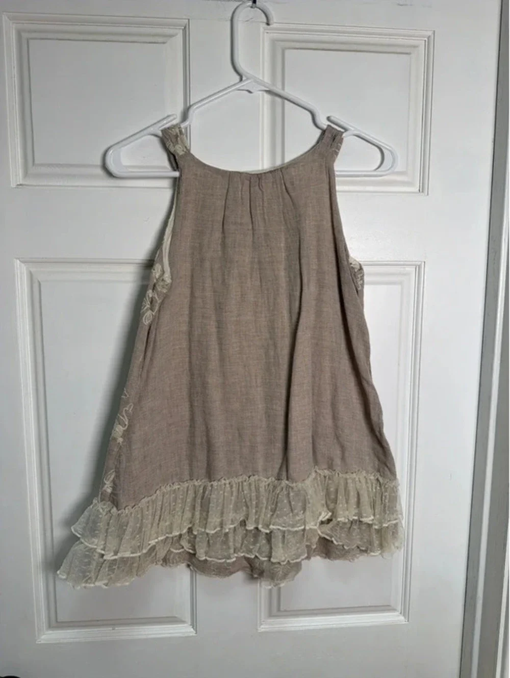 Boutique Boho Hippy Lace Floral Ruffle Embroidered Tan Cream Dress